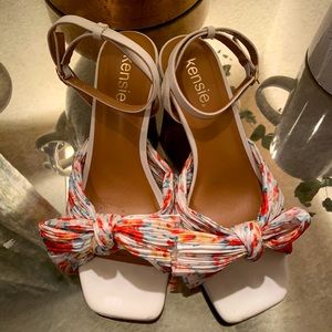 Kadence White Multi Floral Satin Ankle Strap High Heel Sandals